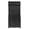 ON-TREND Farmhouse 4-in-1 Hall Tree with Barn Doors, Movable Bench with 7 Hanging Hooks and Shoe Storage Cabinet