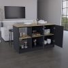 Kitchen Island with Large Countertop, Open Storage Shelves and Double Door Cabinet, Black / Macadamia