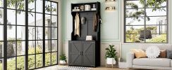 ON-TREND Farmhouse 4-in-1 Hall Tree with Barn Doors, Movable Bench with 7 Hanging Hooks and Shoe Storage Cabinet