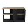 Kitchen Island with Large Countertop, Open Storage Shelves and Double Door Cabinet, Black / Macadamia
