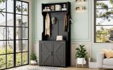 ON-TREND Farmhouse 4-in-1 Hall Tree with Barn Doors, Movable Bench with 7 Hanging Hooks and Shoe Storage Cabinet