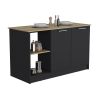Kitchen Island with Large Countertop, Open Storage Shelves and Double Door Cabinet, Black / Macadamia