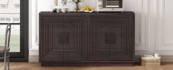 TREXM Vintage Distressed 4-Door Sideboard with Adjustable Shelves and Geometric Pattern for Dining Room, Kitchen and Living Room (Espresso)