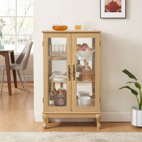 2 Doors Curio Cabinet with Tempered Glass Doors, Curio Cabinets with Mirrored Back Panel and Adjustable Shelves, Lighted Display Cabinet for Home (Material: MDF+glass, Color: Oak)