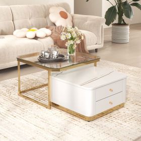 Modern 2 Pieces Square Nesting Coffee Table with Drawers & Electroplated gold legs in 27.6'' (Material: MDF, Color: Golden+White)