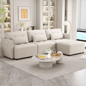 113.3" Convertible Sectional Sofa Couch 3-Seat L-Shaped Sofa with Movable Ottoman and USB for Apartment, Living Room, Bedroom (Material: Chenille, Color: Beige)