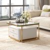 Modern 2 Pieces Square Nesting Coffee Table with Drawers & Electroplated gold legs in 27.6''